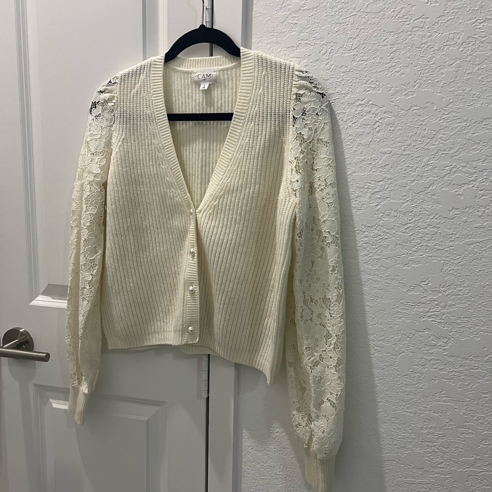 Cami NYC Cream V-Neck Sweater with Lace Sleeves